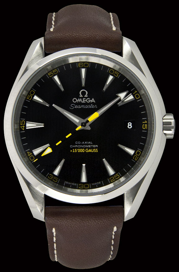 41.5mm- This watch has a stainless steel case with a sapphire crystal over the dial. The dial is black with a tinge of yellow and has a vertical stripe decoration. Around the outside of the dial you will see a minute track in yellow. This yellow and black combination is also present on the central seconds hand. The dial functions include hours, minutes, central seconds, and a date window at the 3 o’clock position. The hands and hour indexes are luminescent.