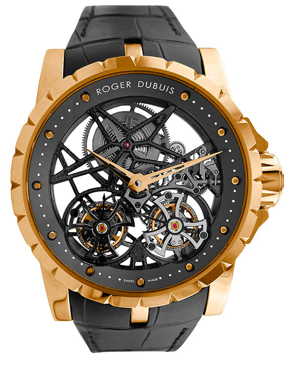 18k rose gold case with black rubber on bezel and crown. It has a charcoal flange, a white minute-circle and Roger Dubuis transfers. The movement can be viewed through the sapphire crystal display back. It sits on a black Mississippi alligator strap and has an 18k rose gold deployant buckle. This is the last limited edition available.