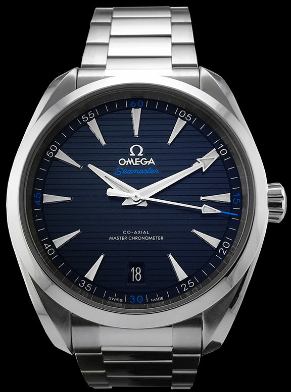 41.5mm-This watch has a stainless steel case with a sapphire crystal over the blue sun brushed dial. The dial is complimented by a horizontal “teak pattern. The date can be viewed at the 6 o’clock position. The hands and indexes are rhodium-plated and filled with white Super-Luminova. This watch us powered by the Omega calibre 8900 self-winding movement with Co-Axial escapement. The movement can be viewed through the transparent caseback.