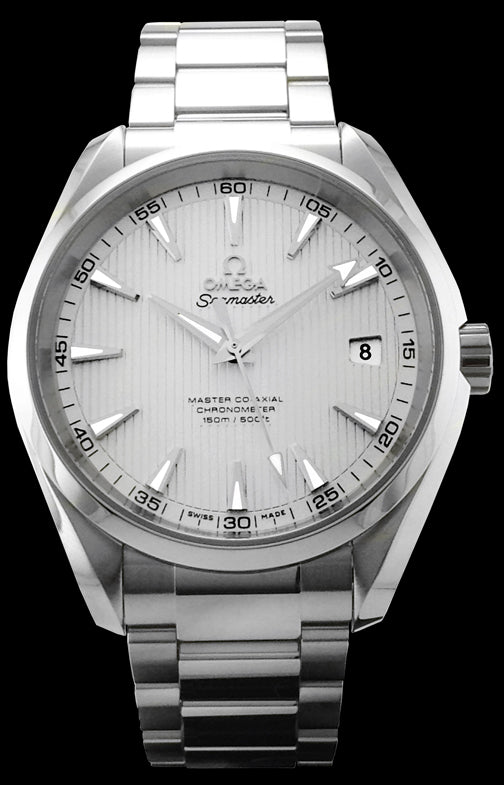 41.5mm-Stainless steel case with a lacquered silver dial. The dial is decorated with the “Teak Concept” pattern. The date can be viewed at the 3 o’clock position. Over the dial is a domed, scratch resistant sapphire crystal with an anti-reflective treatment on both sides. This watch features the Omega 8500 calibre master co-axial movement. This movement is resistant to magnetic fields greater than 15,000 gauss. This watch has a power reserve of 60 hours and is water resistant to 150 meters.
