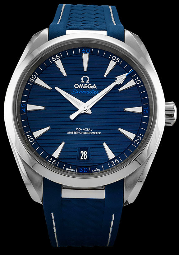 41mm- This watch has a stainless steel case with a sapphire crystal over the blue sun brushed dial. The dial is complimented by a horizontal “teak” pattern. The date can be viewed at the 6 o’clock position. The hands and indexes are rhodium-plated and filled with white Super-LumiNova. This watch us powered by the Omega calibre 8900 self-winding movement with Co-Axial escapement. The movement can be viewed through the transparent caseback.