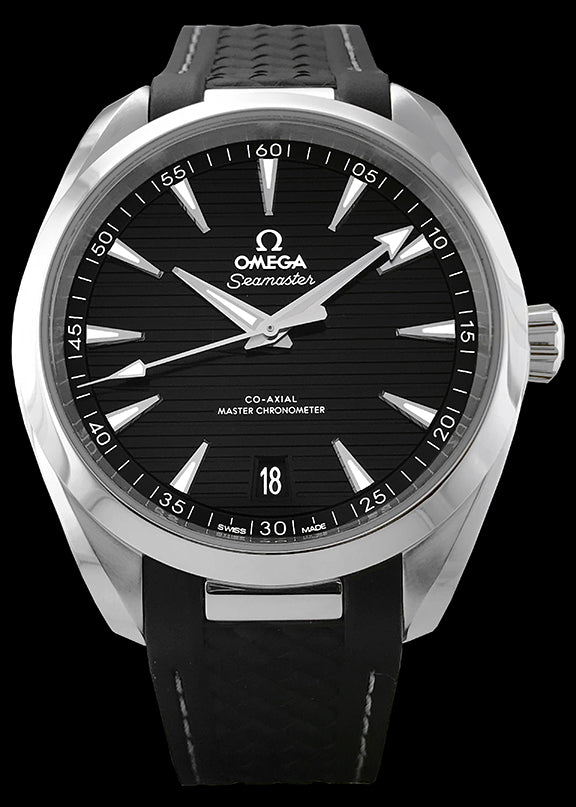 41mm -This watch has a stainless steel case with a sapphire crystal over the black dial. The dial is decorated with a nautical inspired horizontal “teak” pattern. There is a date window at the 6 o’clock position and the hands and indexes are luminescent. It’s powered by the Omega 8900 automatic movement with Co-Axial escapement that can be viewed through the transparent caseback.