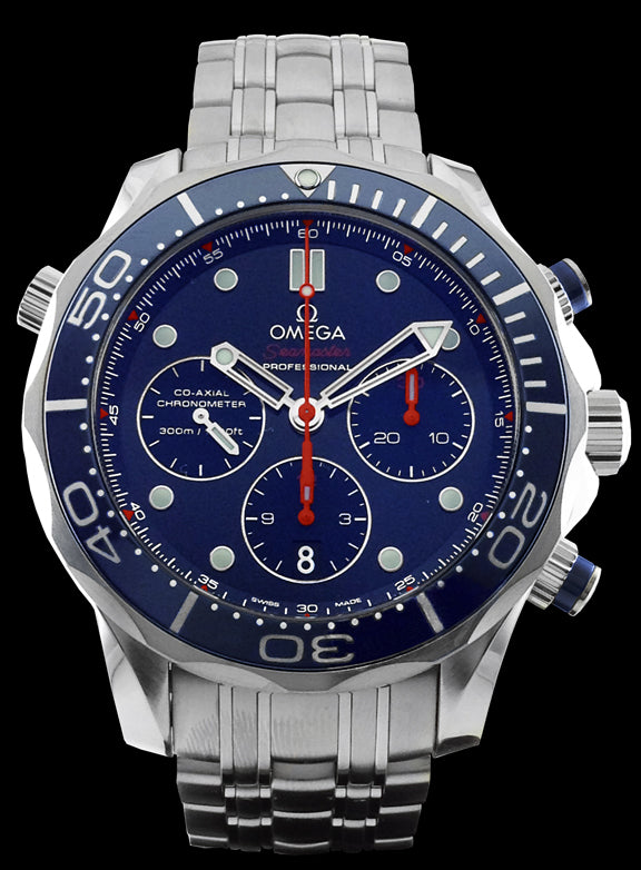 44mm- Stainless steel case with a blue, polished ceramic unidirectional rotating bezel. On the case, at the 10 o’clock position, there is a helium escape valve and an integrated date corrector (stylus included). There is domed sapphire crystal with an anti reflective treatment over the blue dial. The hands and hour indexes are luminescent. The dial displays a 3o minute recorder at 3 o’clock, a 12 hour recorder at 6 o’clock and a small seconds dial at 9 o’clock position.