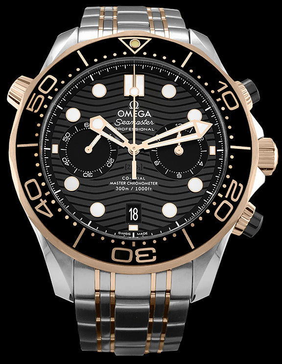 44mm- This watch has a stainless steel and Sedna™ gold case with an 18kt Ceragold™ bezel. There is a domed sapphire crystal over the black ceramic dial. The dial features a laser engraved wave pattern on the ceramic. There is a 60 minute and 12 hour totalizer at the 3 o’clock position, a date window at the 6 o’clock, and a small seconds subdial at the 9 o’clock position. The hands and hour markers are Sedna gold with Super-Luminova .