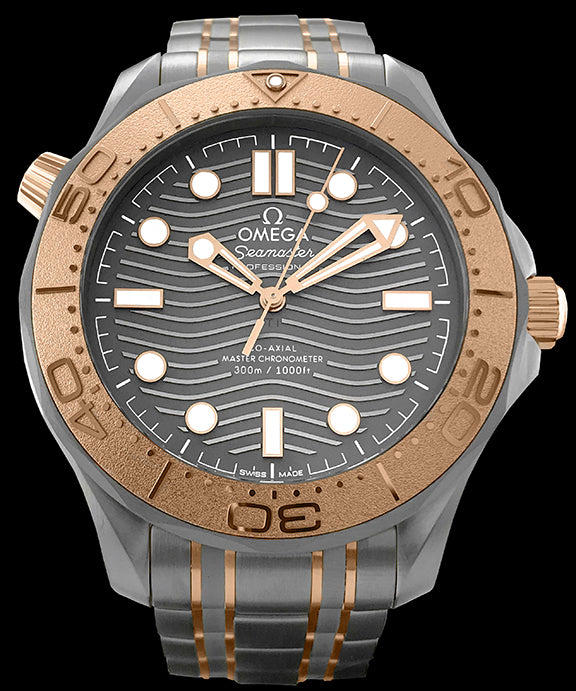 42mm This watch has a titanium case with an 18kt Sedna gold rotating bezel. There is a grey titanium dial under the domed sapphire crystal. The dial features a modern update to the laser engraved wave pattern made iconic by the original Diver 300m in 1993. The 18kt Sedna gold skeleton hands and hour markers are rhodium plated and filled with super-luminova. . This watch features the Omega Master Chronometer 8806 calibre movement with Co-Axial escapement, that can be viewed through the transparent caseback.