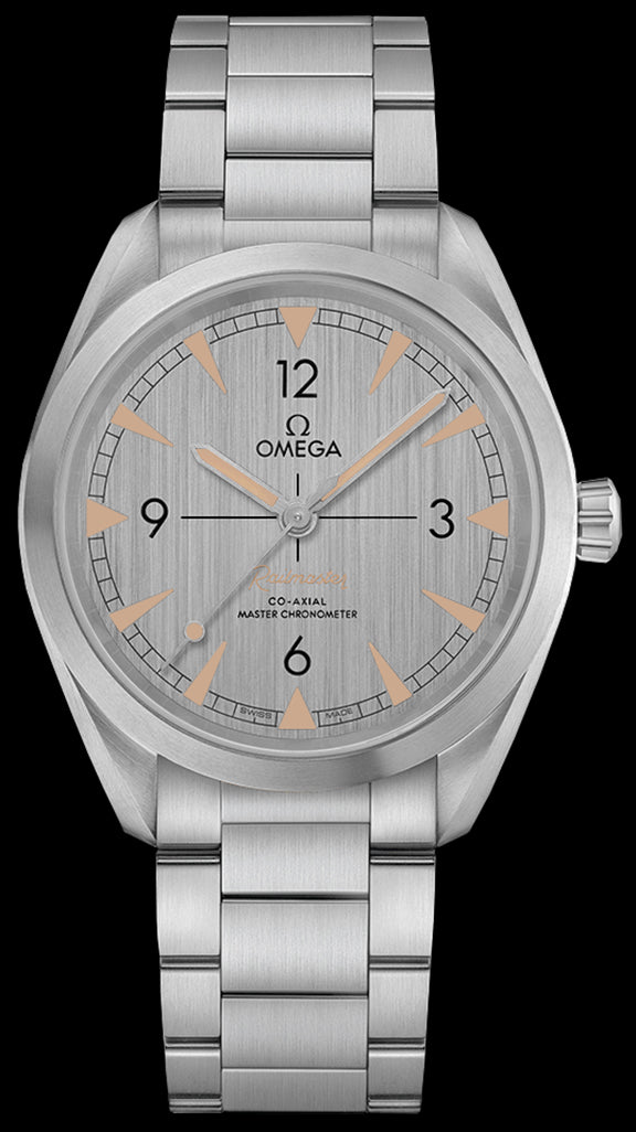 40mm- This watch has a brushed stainless steel case. There is a domed sapphire crystal over the grey dial. The vertically brushed dial features recessed hour markers and stainless steel hands. There is a central seconds hand that is also stainless steel. The hands and hour markers are filled with “vintage” Super-LumiaNova. The caseback is closed and features a Naiad Lock design. This watch is powered by the Omega “Co-Axial” Master Chronometer calibre 8806 movement.