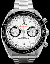 44.25mm- This watch is stainless steel with a black ceramic bezel ring. The tachymeter scale is filled with white enamel. The dial is white and has a racing style minute track along the outside. The two chronograph subdials also have a racing track. There is a date window at the 6 o’clock position. The hands and indexes are luminescent. This watch is powered by the Omega 9900 automatic chronograph movement with Co-Axial escapement. It has a power reserve of 60 hours and is water resistant to 5 bar.