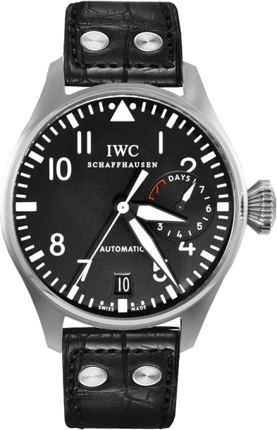46mm- Automatic self-winding movement. Stainless steel case 46.2 mm in diameter. Scratch resistant sapphire crystal. Black dial with arabic numerals. Luminescent hands and hour markers. Power Reserve indicator at the 3 o'clock aperture. Date window at 6 o'clock. Black leather strap with deployant buckle. Made in Switzerland. Near mint condition.