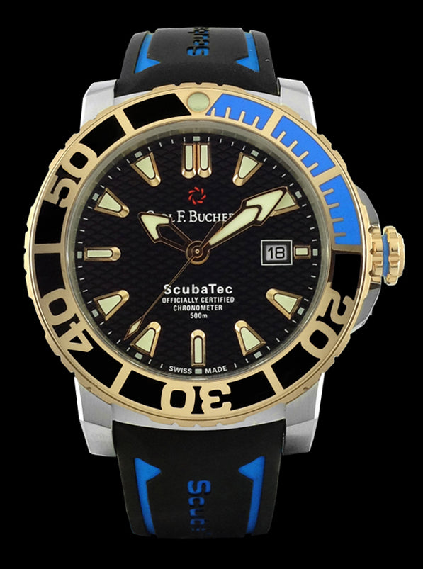 This watch has a stainless steel case mounted with an 18kt rose gold and ceramic rotating bezel. This dive watch has an automatic helium escape valve and a screw down crown. There is a scratch resistant sapphire crystal over the textured black dial. The displays hours, minutes, seconds, and the date at the 3 o’clock position. The hands and hour markers are luminescent. This watch features the CFB 1950.1 calibre automatic movement and is a certified chronometer.