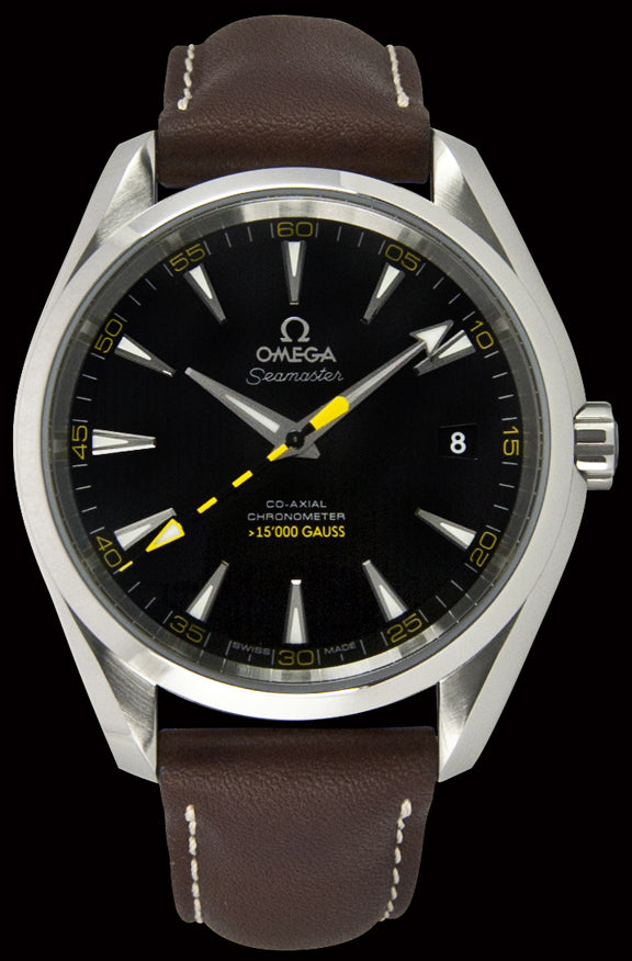  41.5mm- This watch has a stainless steel case with a sapphire crystal over the dial. The dial is black with a tinge of yellow and has a vertical stripe decoration. Around the outside of the dial you will see a minute track in yellow. This yellow and black combination is also present on the central seconds hand. The dial functions include hours, minutes, central seconds, and a date window at the 3 o’clock position. The hands and hour indexes are luminescent.
