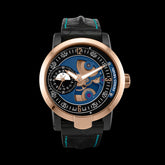  This watch has a steel PVD and gold case with a sapphire crystal over the dial.  The dial ring is black with gold founded applique indexes.  The base plate of this piece is blue with a small seconds subdial at the 9 o’clock position.  The subdial also features a date and a day/night indicator.  This watch is powered by the ADD14 automatic movement with a micro rotor that can be seen through the dial plate.
