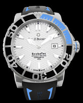 This dive watch has a stainless steel case mounted with a steel and ceramic unidirectional rotating bezel. The case also has an automatic helium escape valve in addition to a screw down crown. There is an anti-reflective treatment on the scratch resistant sapphire crystal. The dial is white with silver toned hands and hour markers that are luminescent.  The dial functions include hours, minutes, central seconds, and the date at the 3 o’clock position. 