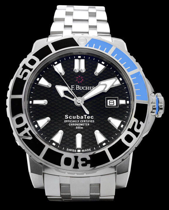 This dive watch has a stainless steel case mounted with a steel and ceramic unidirectional rotating bezel. The case also has an automatic helium escape valve in addition to a screw down crown. There is an anti-reflective treatment on the scratch resistant sapphire crystal. The dial is black with silver toned hands and hour markers that are luminescent. The dial functions include hours, minutes, central seconds, and the date at the 3 o’clock position.