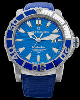 This watch has a stainless steel case with a blue and white ceramic unidirectional rotating bezel. The case features a screw down crown and automatic helium escape valve. There is a sapphire crystal over the blue dial. The dial color was specially selected to reflect the gorgeous ocean water in the Maldives. The dial displays hours, minutes, central seconds, and the date. The hands and hour markers are luminescent.