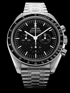 42mm-  This watch has a stainless steel case with a hesalite crystal over the black step dial. The asymmetrical case features a black anodized aluminum bezel ring. It features a tachymeter bezel with the the famous dot over 90. The dial functions include hours, minutes, small seconds, a 12 hour counter, a 30 minute counter and central chronograph hand. It is powered by the OMEGA Co-Axial Master Chronometer Calibre 3861 manual winding chronograph movement.