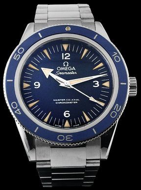 41mm -Titanium case with a polished ceramic bezel. The diving scale on the bezel is Liquidmetal®, which is a zirconium based alloy that offers incredible hardness and resistance to scratching. The blue dial is sandblasted with rhodium plated hands. The hands and hour indexes are coated with “vintage” super luminova. There is a sapphire crystal treated with an anti-reflective coating over the dial and movement. This watch features the self-winding Omega 8400 Master Co-Axial movement.