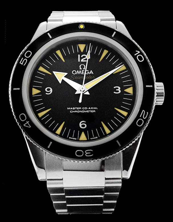  41mm- Stainless steel case with a polished ceramic bezel. The diving scale on the bezel is Liquidmetal®, which is a zirconium based alloy that offers incredible hardness and resistance to scratching. The black dial is sandblasted with rhodium plated hands. The hands and hour indexes are coated with “vintage” Super Lumi-Nova. There is a sapphire crystal treated with an anti-reflective coating over the dial and movement. This watch features the self-winding Omega 8400 Master Co-Axial movement. 
