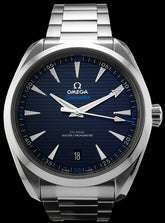  41.5mm-This watch has a stainless steel case with a sapphire crystal over the blue sun brushed dial. The dial is complimented by a horizontal “teak pattern. The date can be viewed at the 6 o’clock position. The hands and indexes are rhodium-plated and filled with white Super-Luminova. This watch us powered by the Omega calibre 8900 self-winding movement with Co-Axial escapement. The movement can be viewed through the transparent caseback.