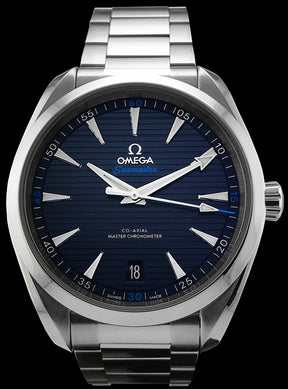  41.5mm-This watch has a stainless steel case with a sapphire crystal over the blue sun brushed dial. The dial is complimented by a horizontal “teak pattern. The date can be viewed at the 6 o’clock position. The hands and indexes are rhodium-plated and filled with white Super-Luminova. This watch us powered by the Omega calibre 8900 self-winding movement with Co-Axial escapement. The movement can be viewed through the transparent caseback.