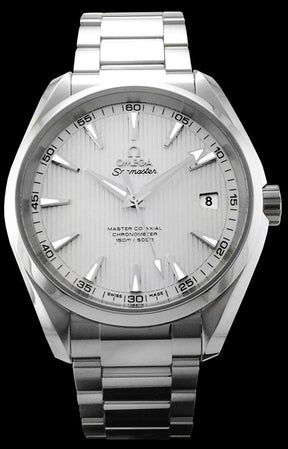 41.5mm-Stainless steel case with a lacquered silver dial. The dial is decorated with the “Teak Concept” pattern. The date can be viewed at the 3 o’clock position. Over the dial is a domed, scratch resistant sapphire crystal with an anti-reflective treatment on both sides. This watch features the Omega 8500 calibre master co-axial movement. This movement is resistant to magnetic fields greater than 15,000 gauss. This watch has a power reserve of 60 hours and is water resistant to 150 meters.
