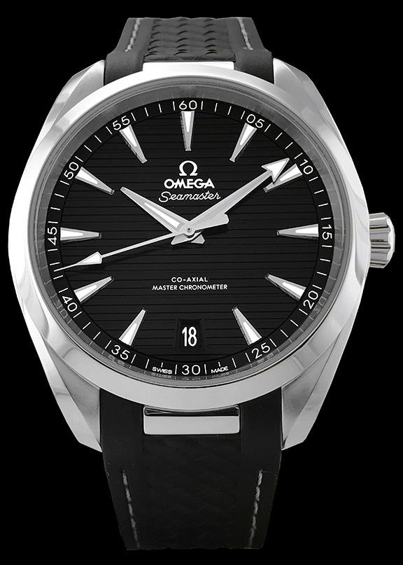 41mm -This watch has a stainless steel case with a sapphire crystal over the black dial. The dial is decorated with a nautical inspired horizontal “teak” pattern. There is a date window at the 6 o’clock position and the hands and indexes are luminescent. It’s powered by the Omega 8900 automatic movement with Co-Axial escapement that can be viewed through the transparent caseback. 