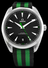 41mm- This watch has a stainless steel case with a scratch-resistant sapphire crystal over the black dial. The dial displays a horizontal “Teak” pattern and a date window at the 6 o’clock position. The central seconds hand is green as well as the four quarter numbers on the track. The hands and indexes are rhodium plated and filled with super Lumi-Nova. This watch is powered by the Omega 8900 selfwinding movement with Co-Axial escapement. 