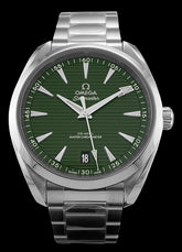 41mm- This watch has a stainless steel case with a sapphire crystal over the dial. The green dial is decorated with a horizontal “Teak” pattern. The central seconds hand and the four quarter numbers on the minute track are blue and the date can be viewed at the 6 o’clock position. The hands and indexes are rhodium-plated and filled with white Super-LumiNova. This watch is powered by the Omega 8900 calibre automatic movement with Co-Axial escapement. 