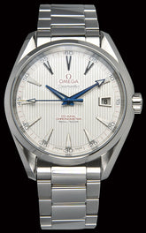 41.5mm- This watch, referred to as the “Captains Watch”, pays homage to Omega’s seafaring heritage as well as its commitment as the 2012 Official Timekeeper of the Ryder Cup. With a case made of stainless steel this timepiece has a sapphire crystal over the dial. The dial is a silver color with a vertical striped ‘Teak’ pattern. There is a framed date window at the 3 o’clock as well as a minute track along the outer dial. The dial functions include hours, minutes, central seconds, and the date.