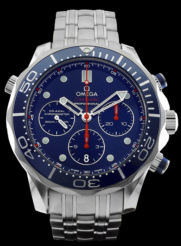 44mm- Stainless steel case with a blue, polished ceramic unidirectional rotating bezel. On the case, at the 10 o’clock position, there is a helium escape valve and an integrated date corrector (stylus included). There is domed sapphire crystal with an anti reflective treatment over the blue dial. The hands and hour indexes are luminescent. The dial displays a 3o minute recorder at 3 o’clock, a 12 hour recorder at 6 o’clock and a small seconds dial at 9 o’clock position. 