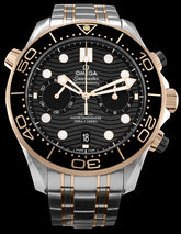  44mm- This watch has a stainless steel and Sedna™ gold case with an 18kt Ceragold™ bezel. There is a domed sapphire crystal over the black ceramic dial. The dial features a laser engraved wave pattern on the ceramic. There is a 60 minute and 12 hour totalizer at the 3 o’clock position, a date window at the 6 o’clock, and a small seconds subdial at the 9 o’clock position. The hands and hour markers are Sedna gold with Super-Luminova .