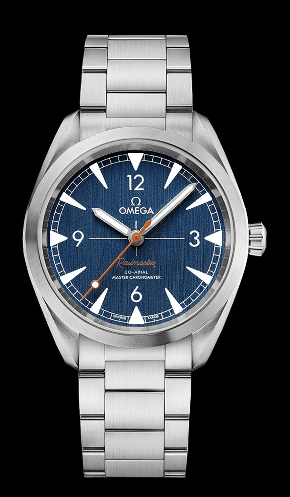 40mm- This watch has a brushed stainless steel case. There is a domed sapphire crystal over the “blue jeans” dial. The vertically brushed dial features recessed hour markers and stainless steel hands. There is a a beige colored central seconds hand. The hands and hour markers are filled with Super-LumiNova. The caseback is closed and features a Naiad Lock design. This watch is powered by the Omega “Co-Axial” Master Chronometer calibre 8806 movement. 