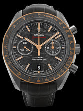 44.25mm - This watch has a grey ceramic case with an 18kt Sedna gold bezel. The bezel has a ceramic ring and brushed "Ceragold" tachymeter scale. There is a sapphire crystal over the meteorite dial. The meteorite dial is made from a solid piece of ancient, extra-terrestrial stone that has been acid etched to reveal a unique pattern. The Moonwatch-style hands are in 18kt Sedna gold. The date can be viewed at 6 o'clock position and small seconds sub dial at the 9 o'clock position.