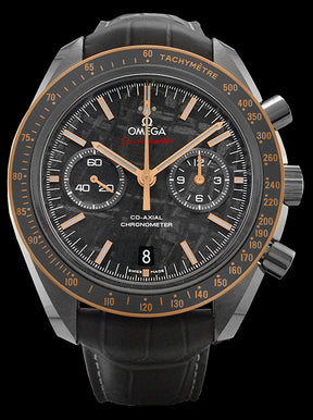 44.25mm - This watch has a grey ceramic case with an 18kt Sedna gold bezel. The bezel has a ceramic ring and brushed "Ceragold" tachymeter scale. There is a sapphire crystal over the meteorite dial. The meteorite dial is made from a solid piece of ancient, extra-terrestrial stone that has been acid etched to reveal a unique pattern. The Moonwatch-style hands are in 18kt Sedna gold. The date can be viewed at 6 o'clock position and small seconds sub dial at the 9 o'clock position.
