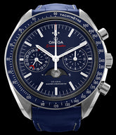 4.25mm- This watch has a stainless steel case with a blue ceramic bezel. The tachymeter bezel is crafted in “Liquidmetal” and there is a sapphire crystal over the dial. The blue sun brushed dial displays the moonphase at the 6 o’clock, a small seconds counter and date indicator at the 9 o’clock , and a chronograph sub dial at the 3 o’clock position. The hands and indexes are rhodium plated and luminescent.