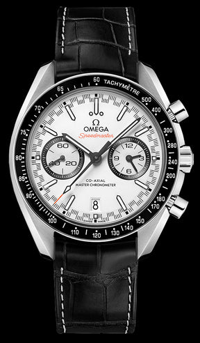 44.25mm. This watch is stainless steel with a black ceramic bezel ring. The tachymeter scale is filled with white enamel. The dial is white and has a racing style minute track along the outside. The two chronograph subdials also have a racing track. There is a date window at the 6 o’clock position. The hands and indexes are luminescent. This watch is powered by the Omega 9900 automatic chronograph movement with Co-Axial escapement.